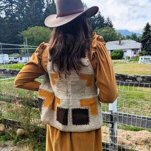 Vintage Grandmacore Crochet and Suede Patchwork Vest